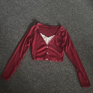 SHEIN Red Long Sleeve Crop Button Down Shirt
